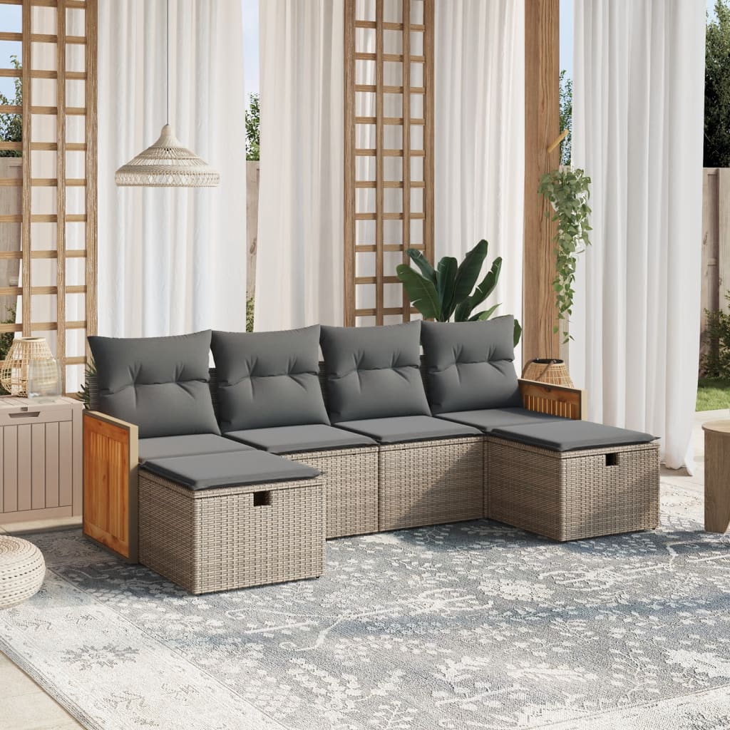 6-tlg. Garten-Sofagarnitur mit Kissen Grau Poly Rattan