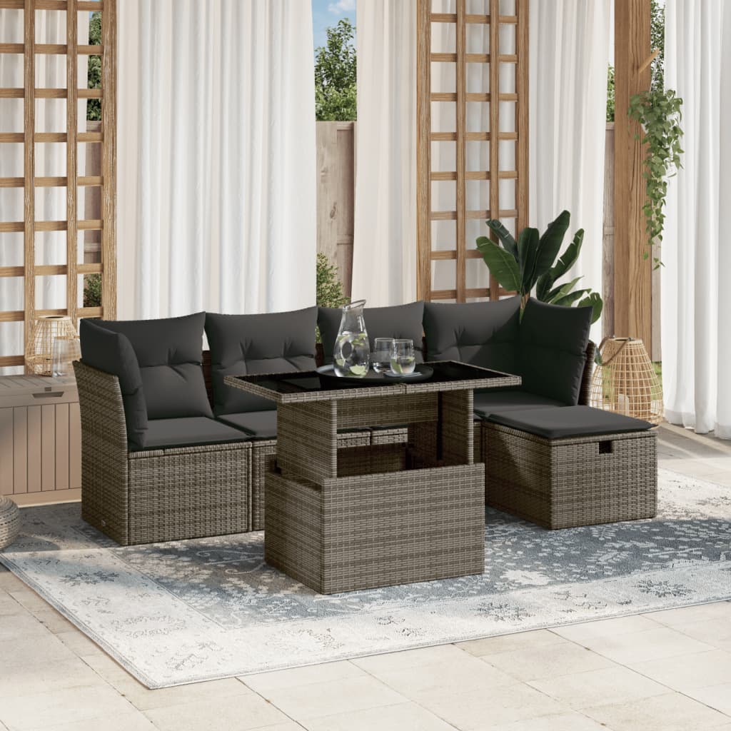 6-tlg. Garten-Sofagarnitur mit Kissen Grau Poly Rattan
