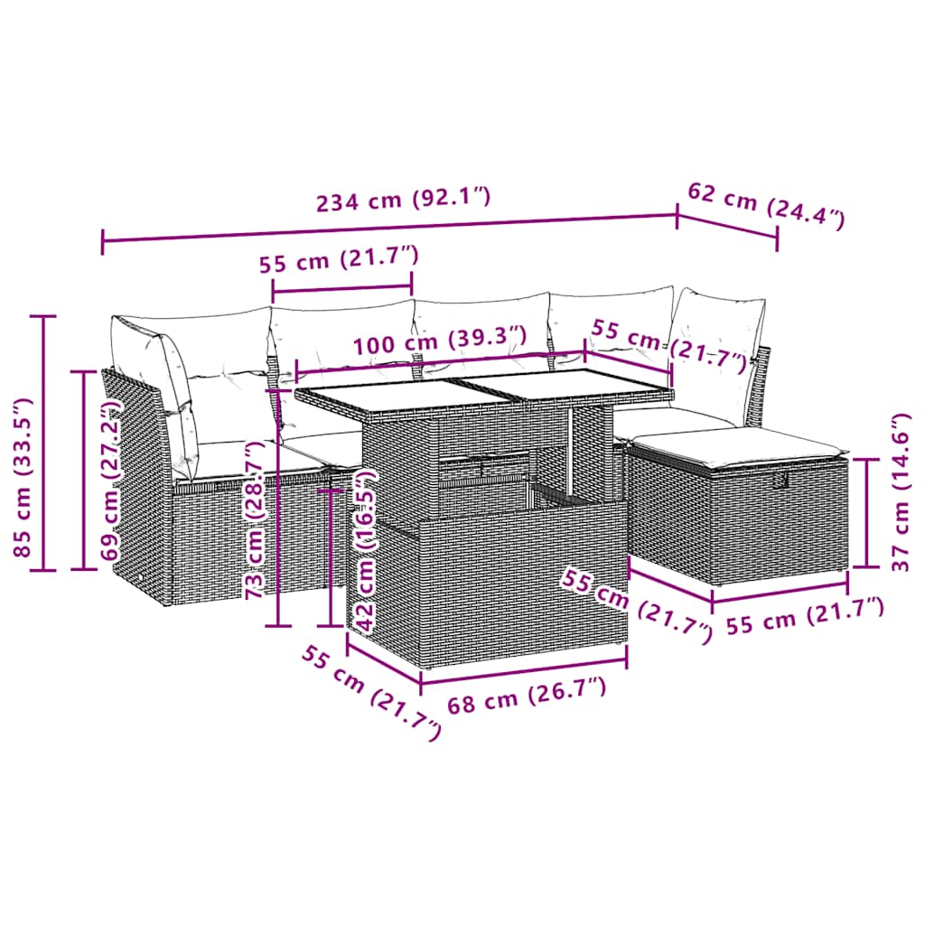 6-teiliges Gartensofa-Set mit Kissen, grau, Polyrattan