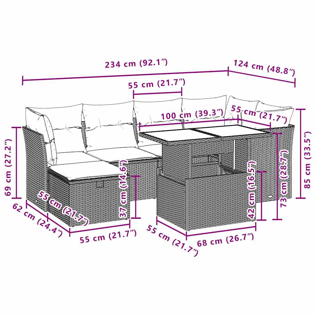 7-tlg. Garten-Sofagarnitur mit Kissen Schwarz Poly Rattan