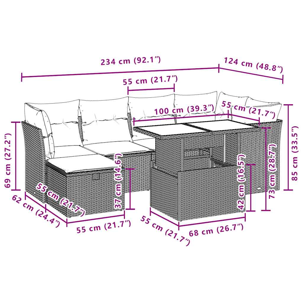 7-teiliges Gartensofa-Set mit Kissen, grau, Polyrattan