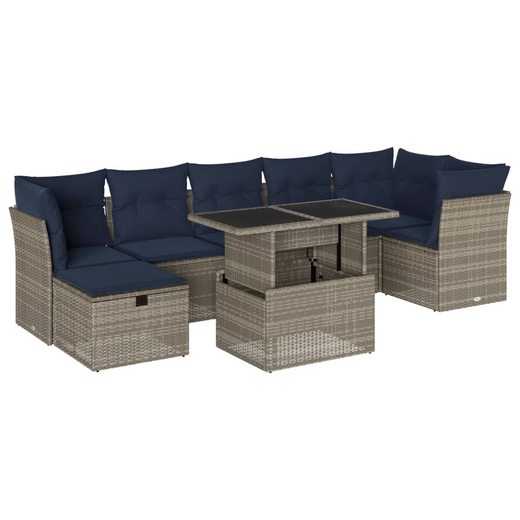 8-teiliges Gartensofa-Set mit Kissen, grau, Polyrattan
