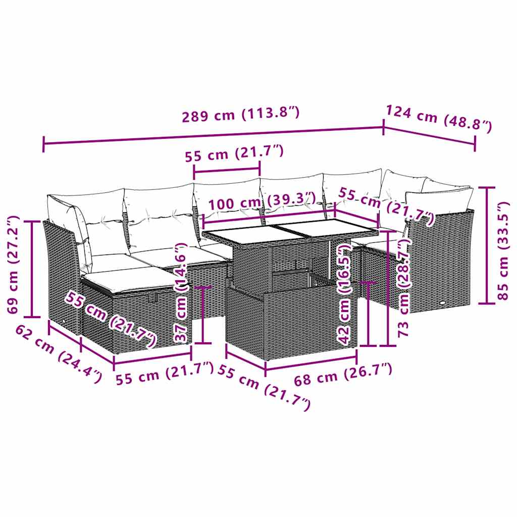 8-teiliges Gartensofa-Set mit Kissen, grau, Polyrattan
