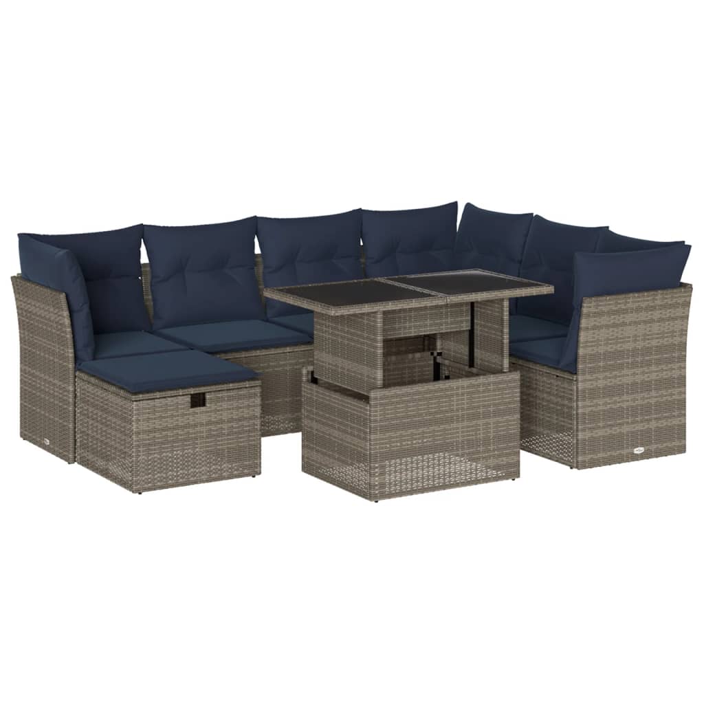 8-teiliges Gartensofa-Set mit Kissen, grau, Polyrattan