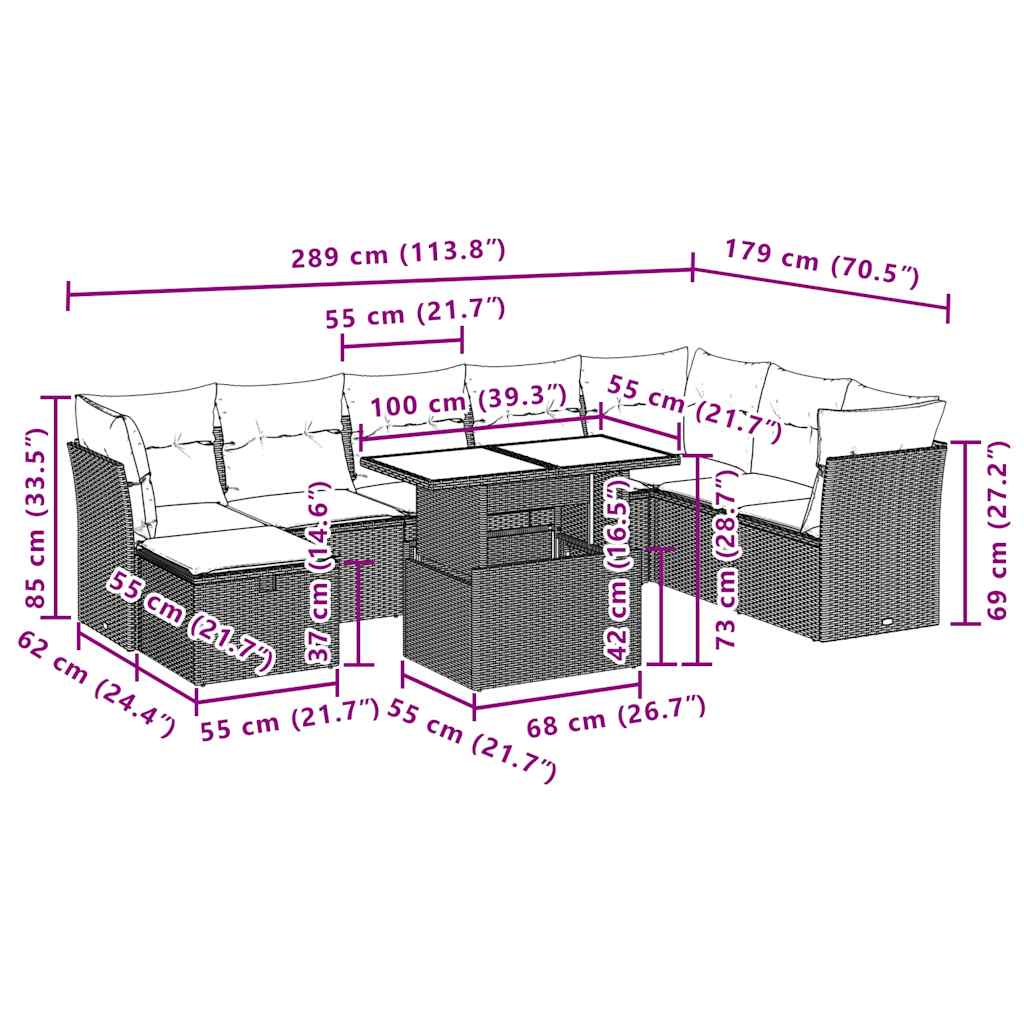 9-teiliges Gartensofa-Set mit Kissen, schwarzes Polyrattan