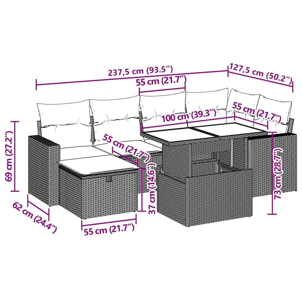 7-teiliges Gartensofa-Set mit Kissen, grau, Polyrattan