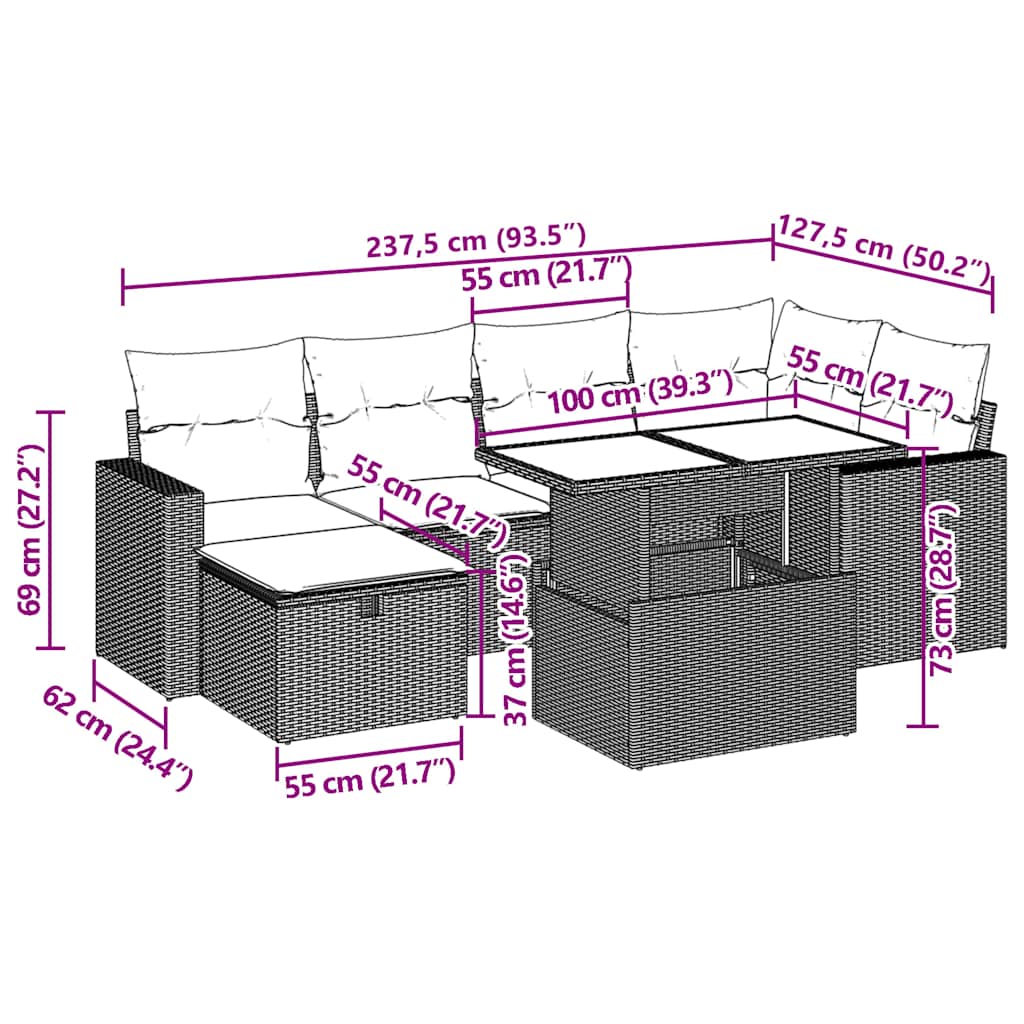 7-teiliges Gartensofa-Set mit Kissen, braun, Polyrattan