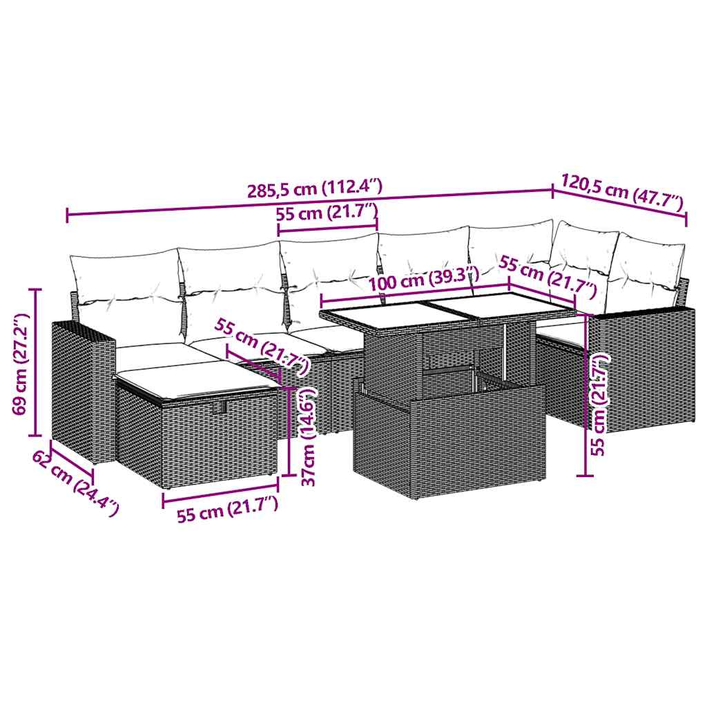 8-teiliges Gartensofa-Set mit Kissen, braun, Polyrattan