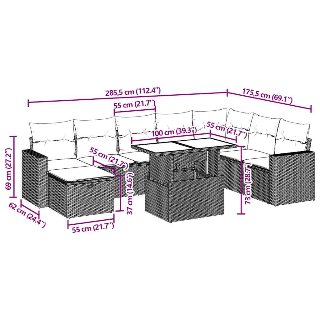 9-teiliges Gartensofa-Set mit Kissen, braun, Polyrattan