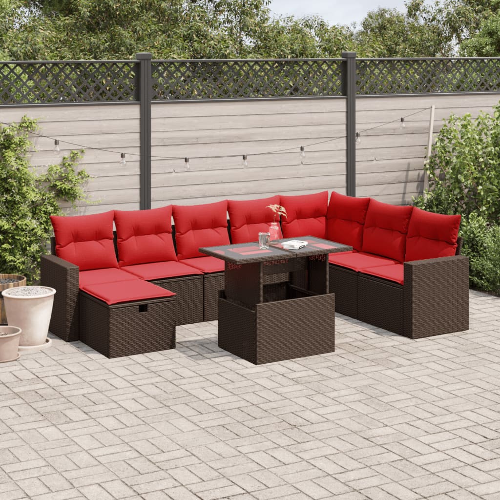 9-teiliges Gartensofa-Set mit Kissen, braun, Polyrattan