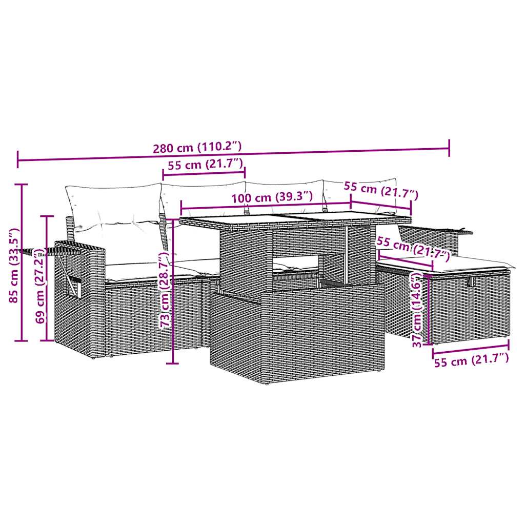 6-teiliges Gartensofa-Set mit Kissen, schwarzes Polyrattan