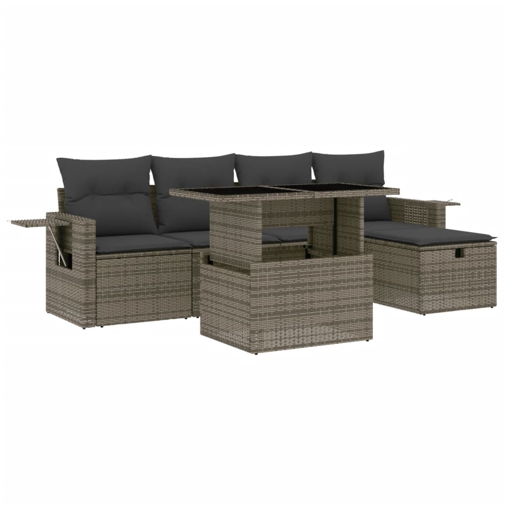 6-tlg. Garten-Sofagarnitur mit Kissen Grau Poly Rattan