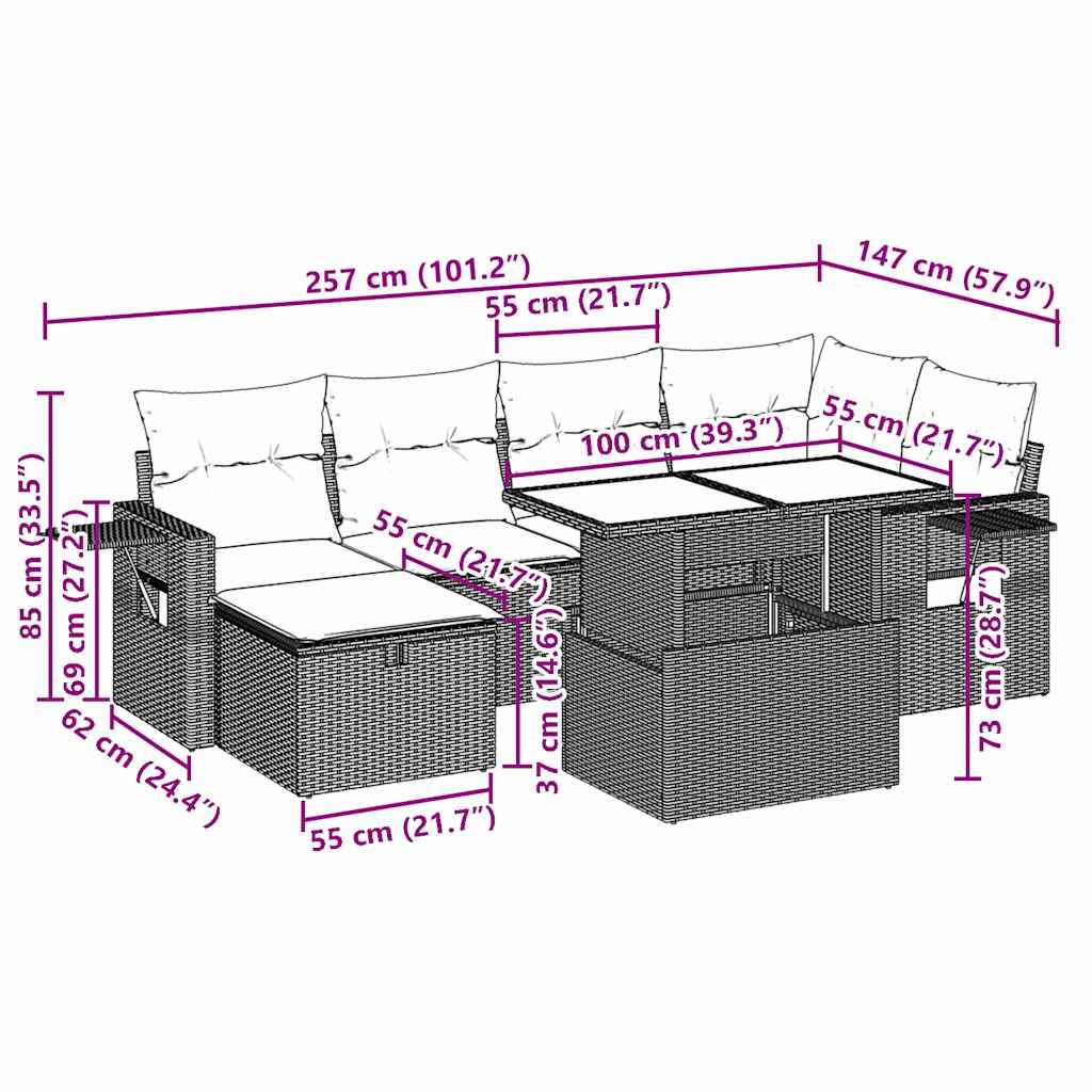 7-teiliges Gartensofa-Set mit Kissen, braun, Polyrattan