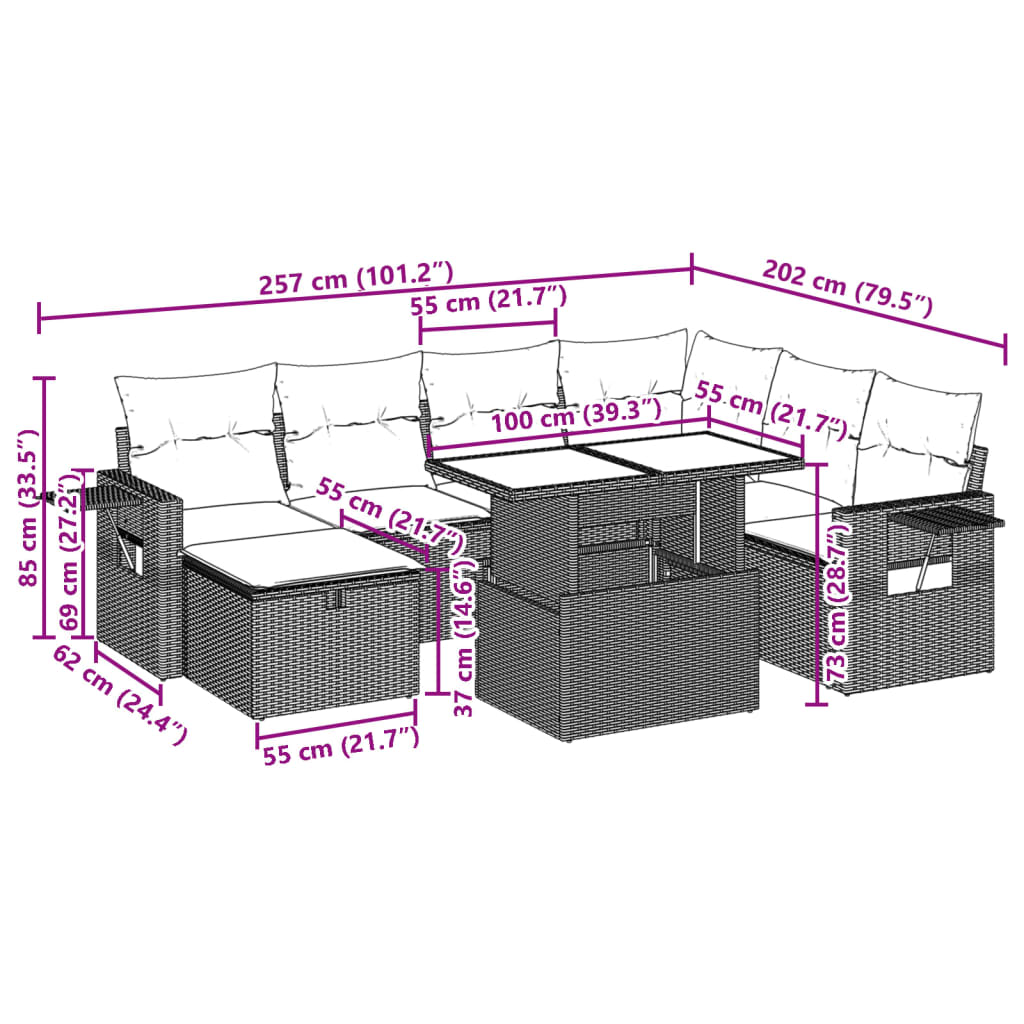 8-tlg. Garten-Sofagarnitur mit Kissen Schwarz Poly Rattan