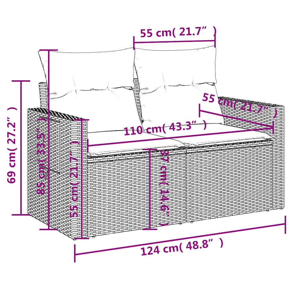 8-teiliges Gartensofa-Set mit Kissen, grau, Polyrattan
