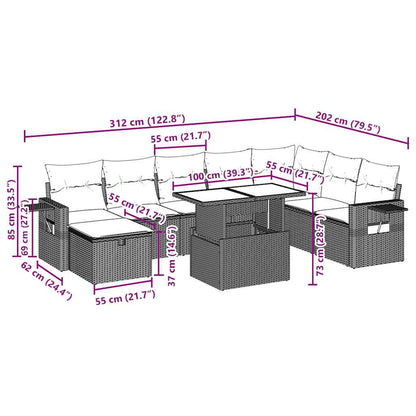 9-teiliges Gartensofa-Set mit Kissen, grau, Polyrattan