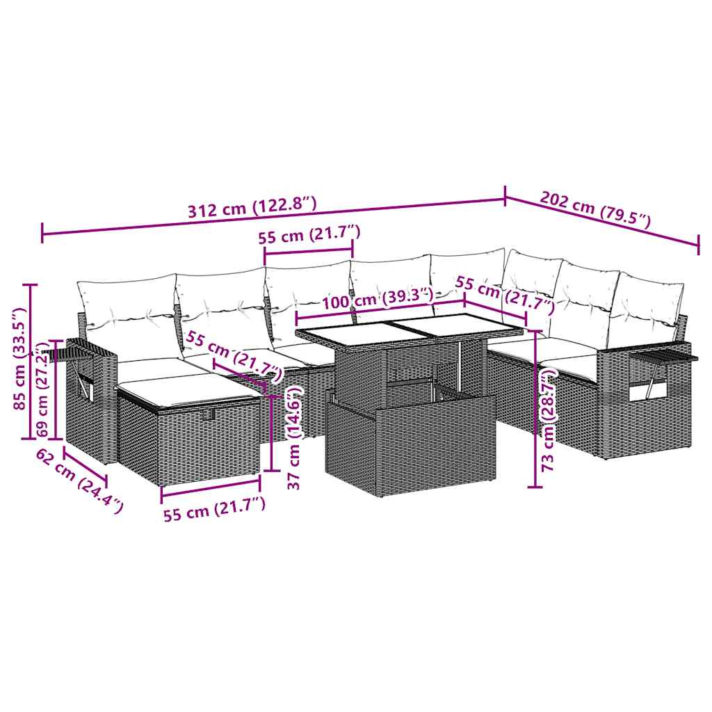9-teiliges Gartensofa-Set mit Kissen, braun, Polyrattan