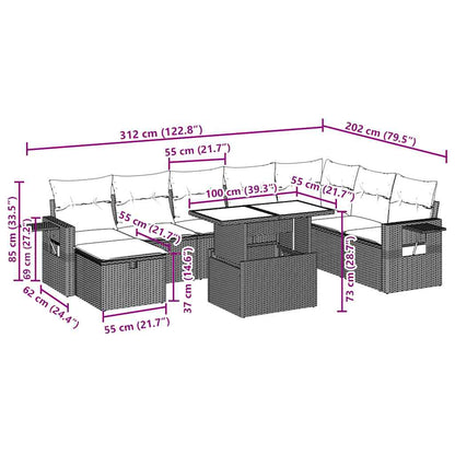 9-teiliges Gartensofa-Set mit Kissen, braun, Polyrattan