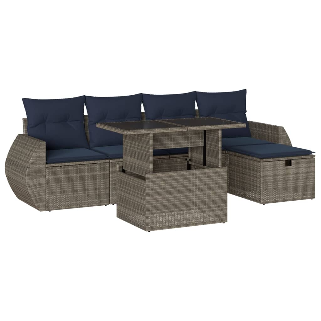 6-teiliges Gartensofa-Set mit Kissen, grau, Polyrattan