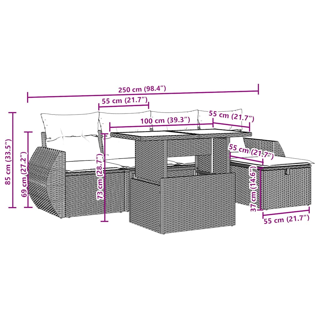 6-teiliges Gartensofa-Set mit Kissen, grau, Polyrattan