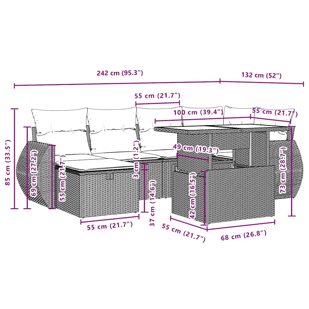 7-teiliges Gartensofa-Set mit Kissen, braun, Polyrattan