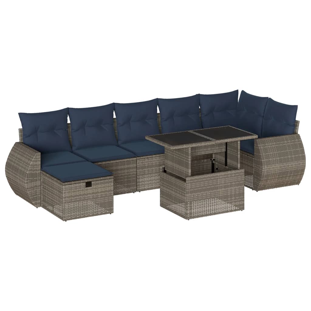 8-teiliges Gartensofa-Set mit Kissen, grau, Polyrattan