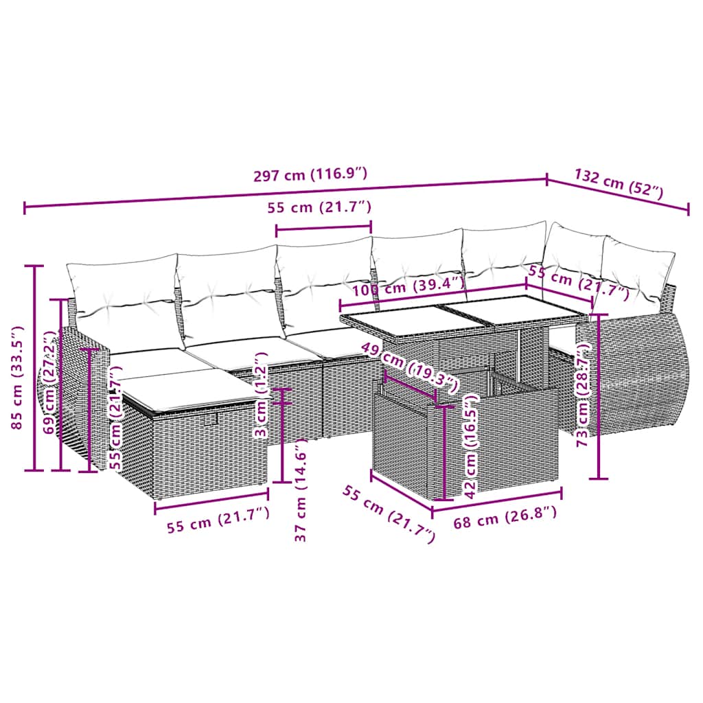 8-teiliges Gartensofa-Set mit Kissen, braun, Polyrattan
