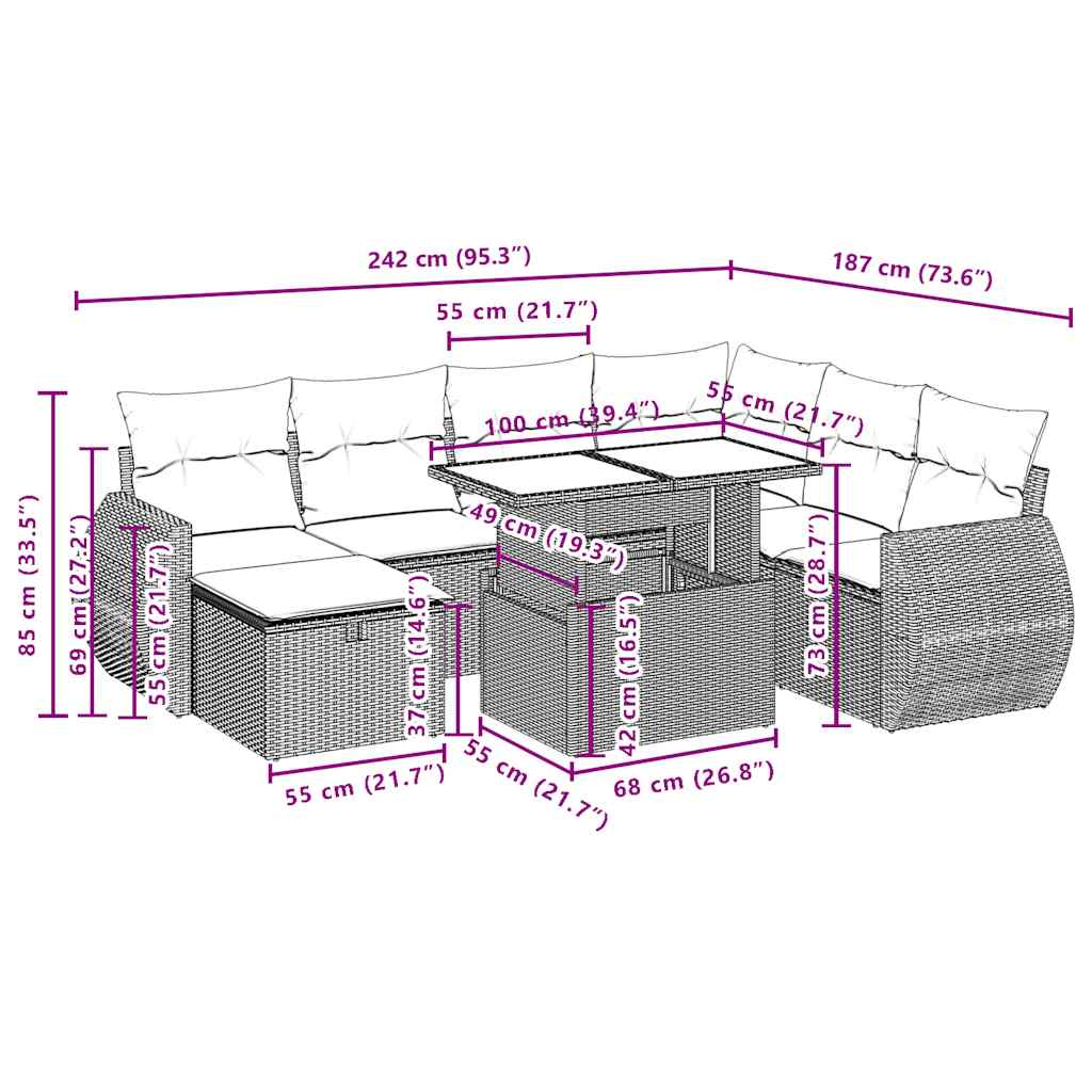 8-teiliges Gartensofa-Set mit Kissen, grau, Polyrattan