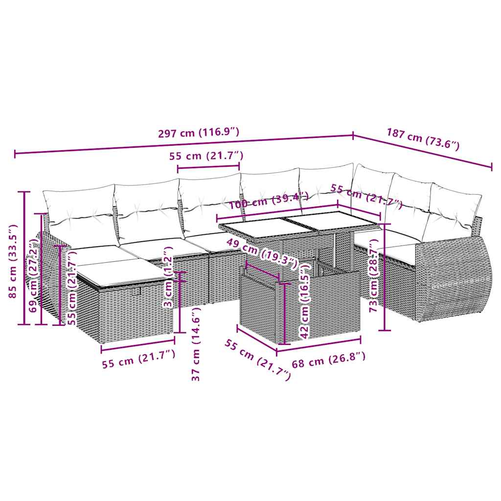 9-tlg. Garten-Sofagarnitur mit Kissen Schwarz Poly Rattan