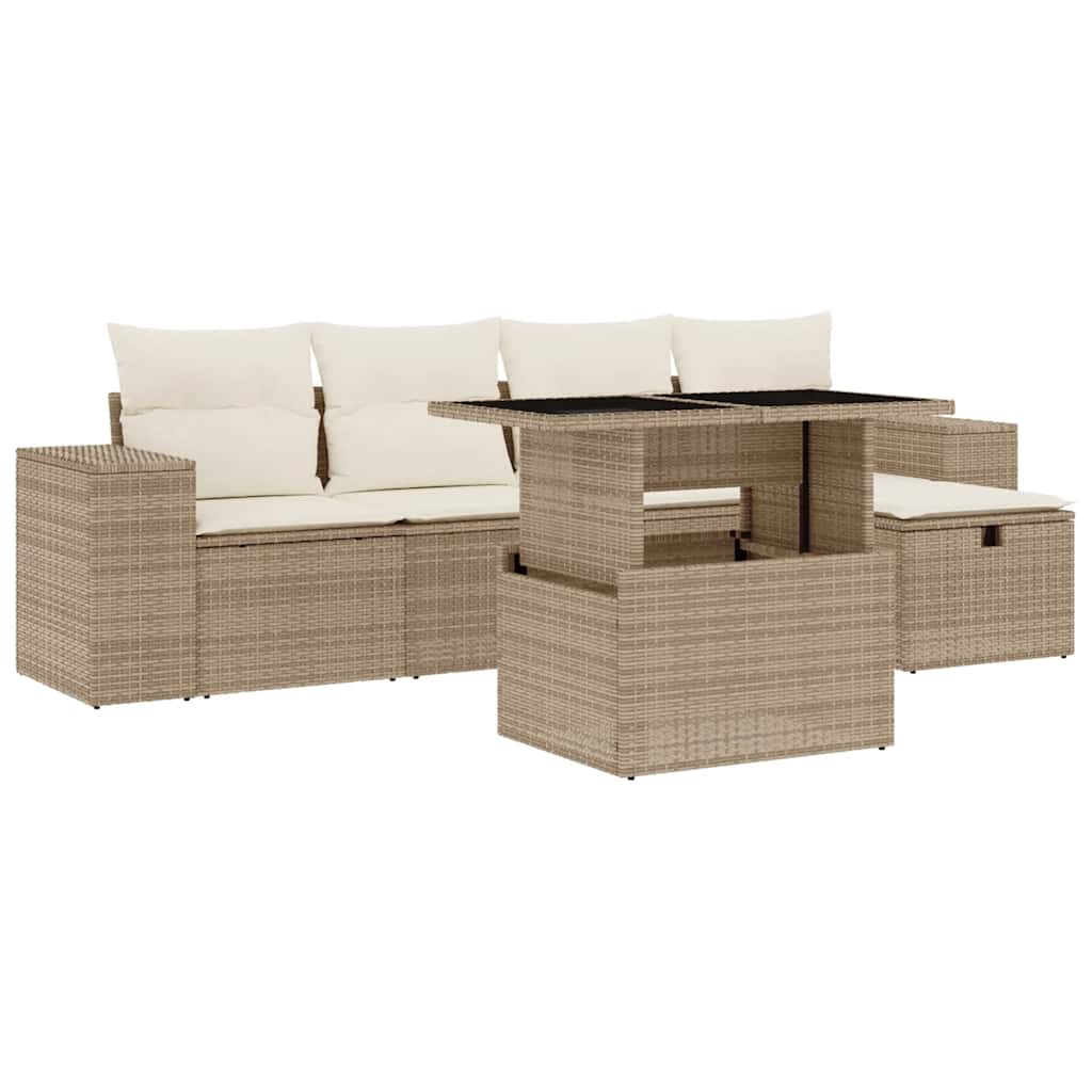 6-tlg. Garten-Sofagarnitur mit Kissen Beige Poly Rattan