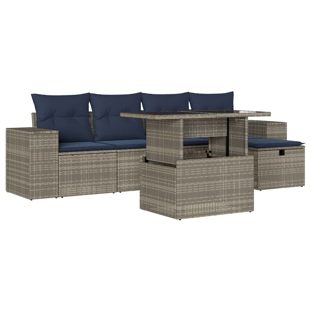 6-teiliges Gartensofa-Set mit Kissen, grau, Polyrattan