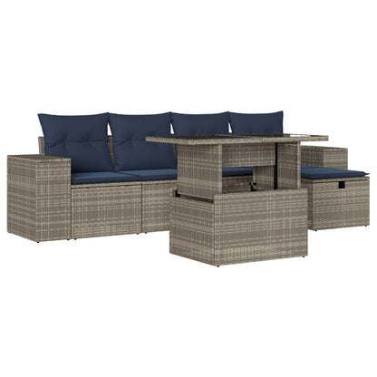 6-teiliges Gartensofa-Set mit Kissen, grau, Polyrattan