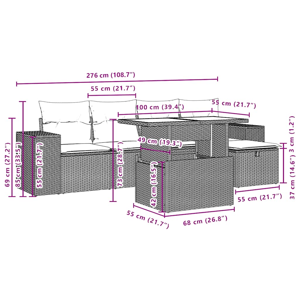 6-teiliges Gartensofa-Set mit Kissen, braun, Polyrattan