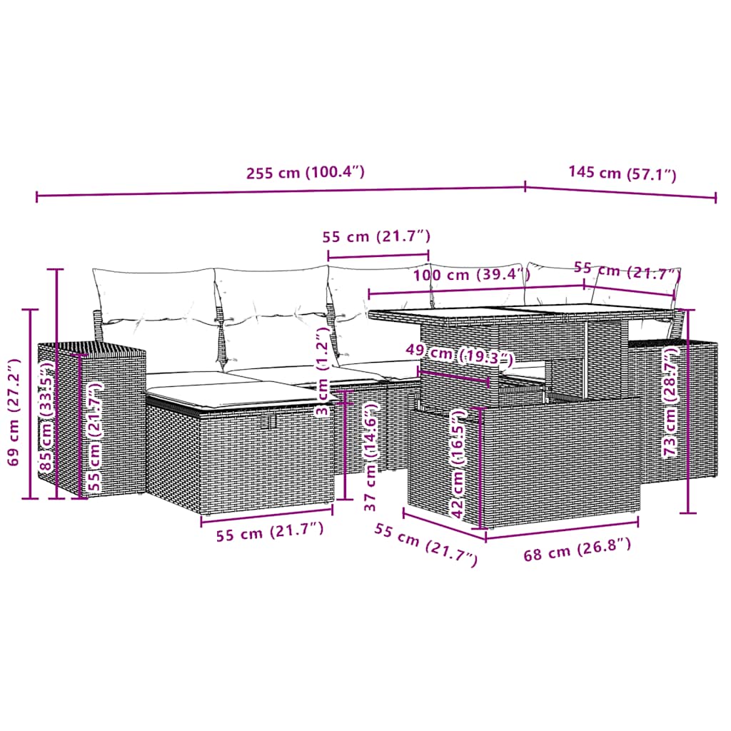 7-tlg. Garten-Sofagarnitur mit Kissen Schwarz Poly Rattan