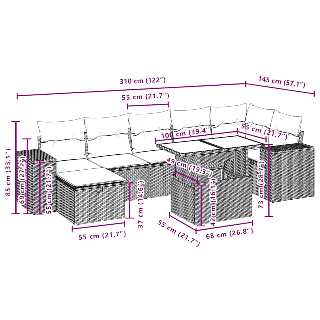 8-teiliges Gartensofa-Set mit Kissen, schwarzes Polyrattan