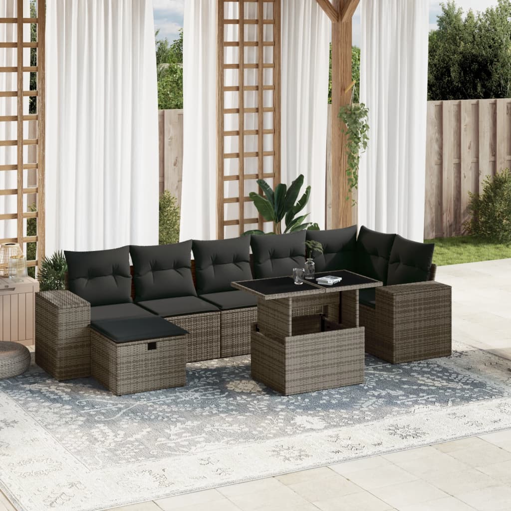 8-tlg. Garten-Sofagarnitur mit Kissen Grau Poly Rattan
