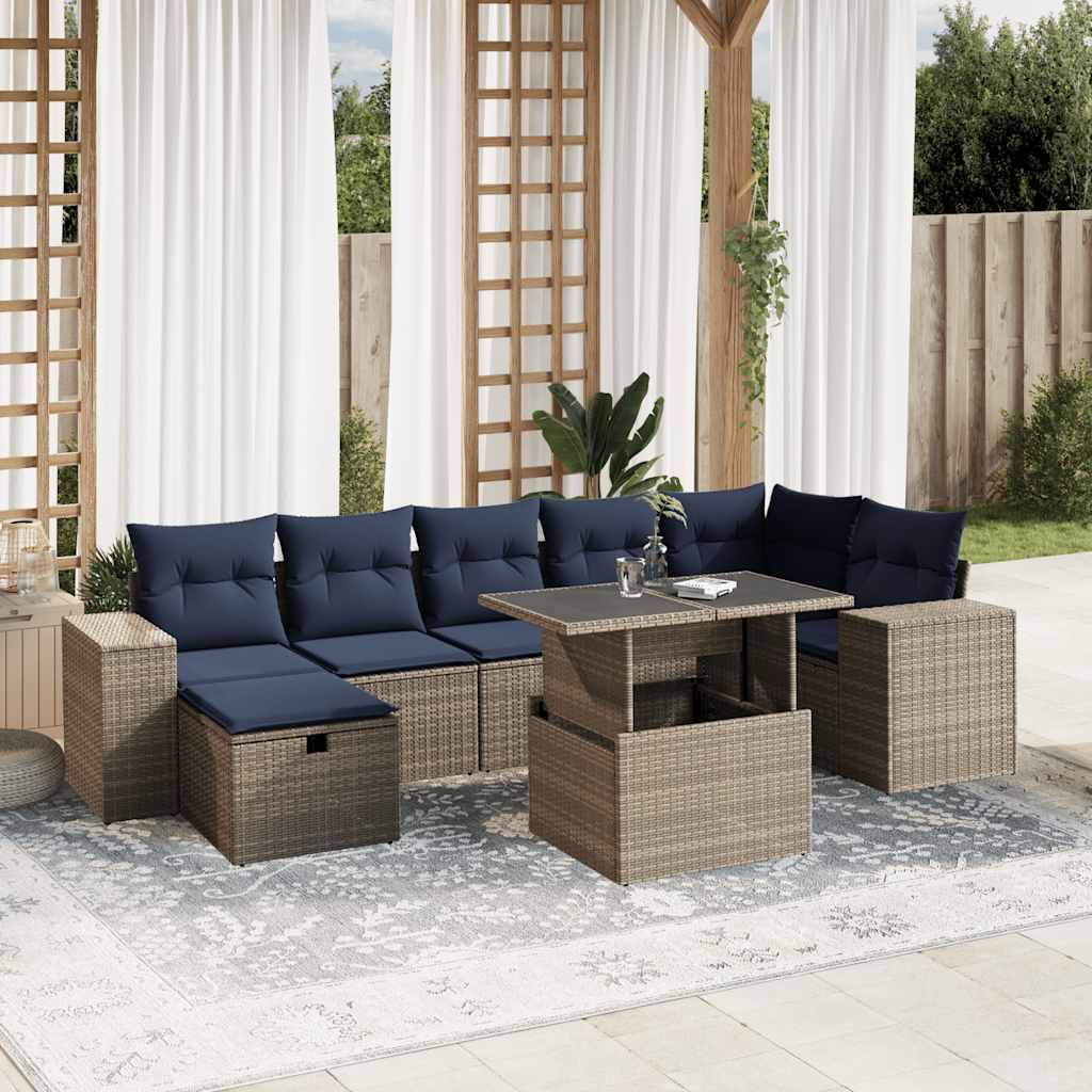 8-teiliges Gartensofa-Set mit Kissen, grau, Polyrattan