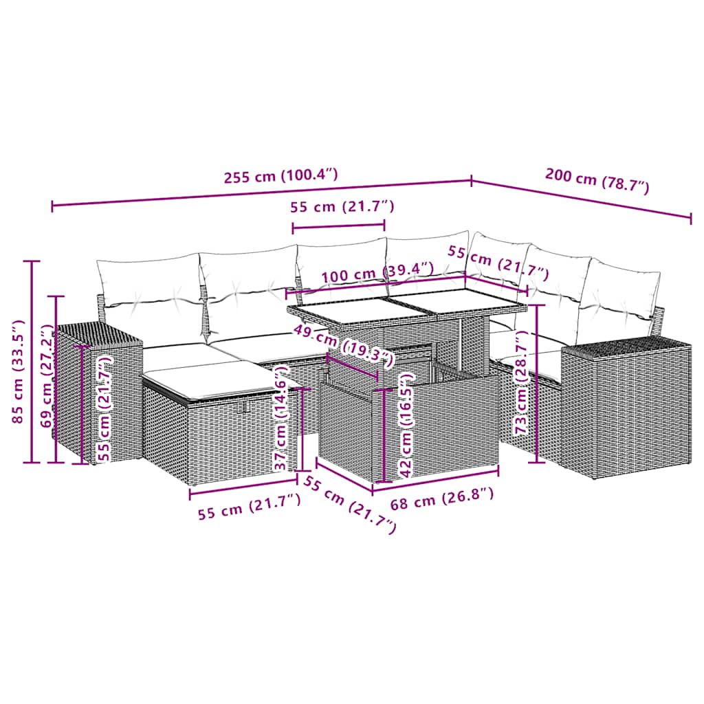 8-teiliges Gartensofa-Set mit Kissen, schwarzes Polyrattan