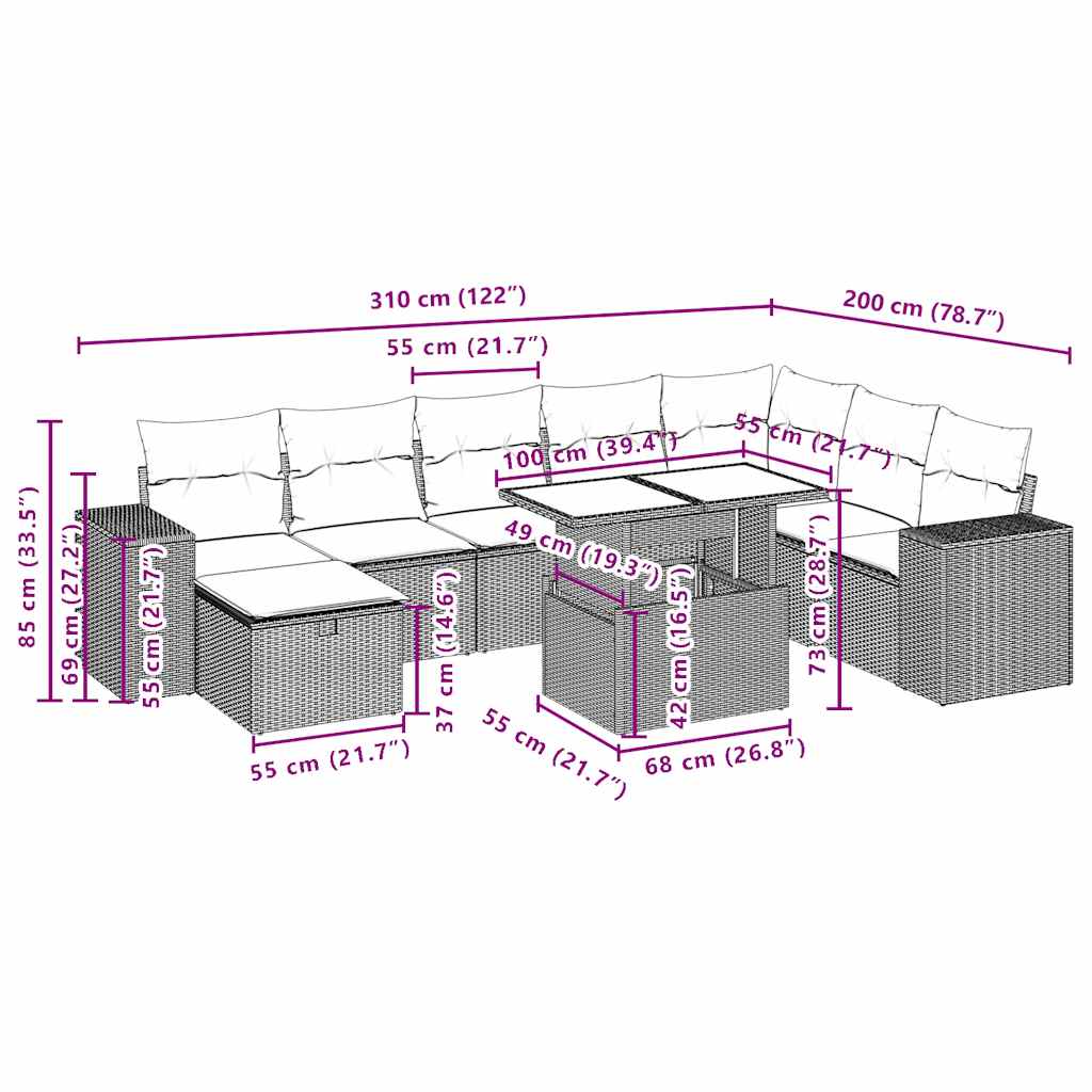 9-tlg. Garten-Sofagarnitur mit Kissen Schwarz Poly Rattan
