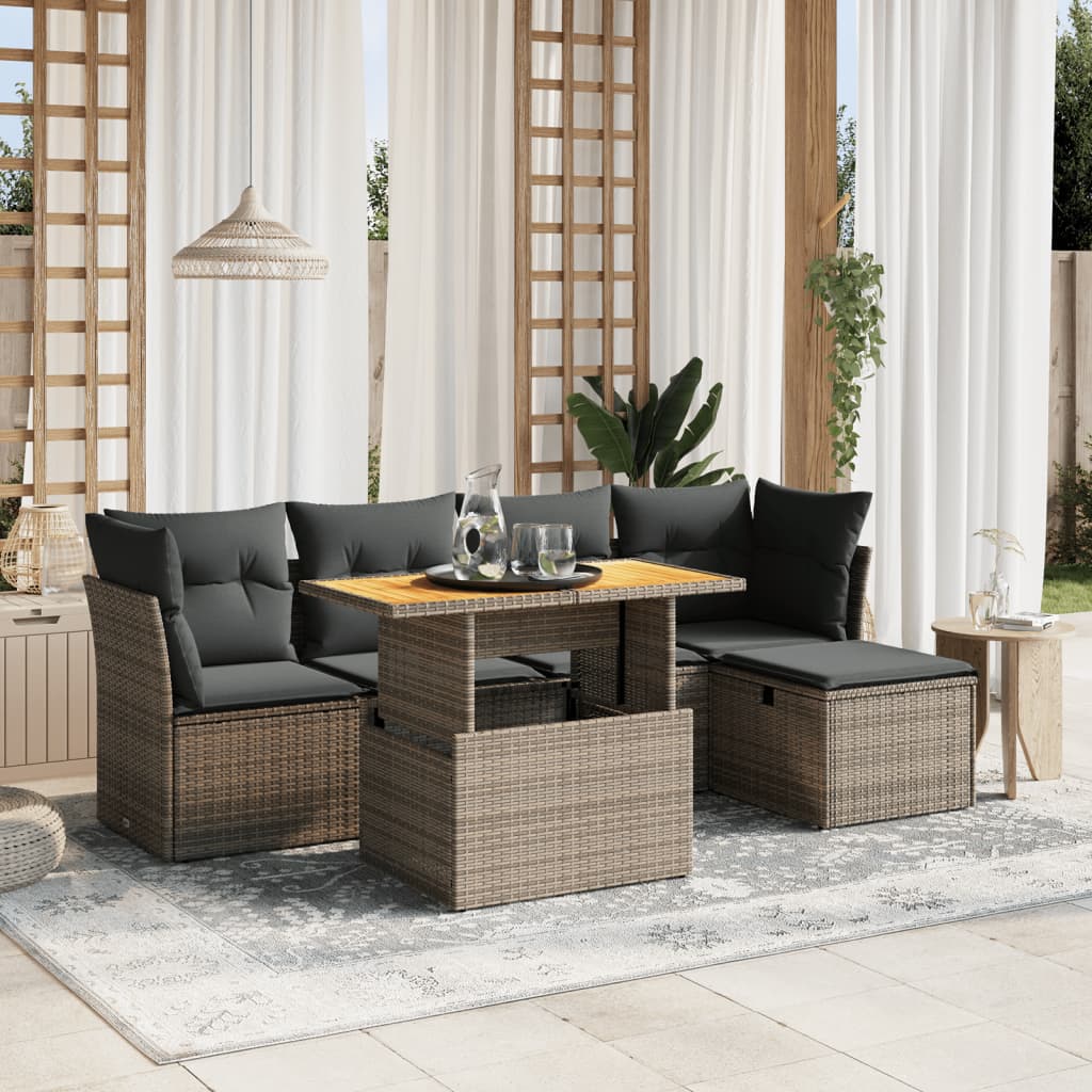 6-tlg. Garten-Sofagarnitur mit Kissen Grau Poly Rattan