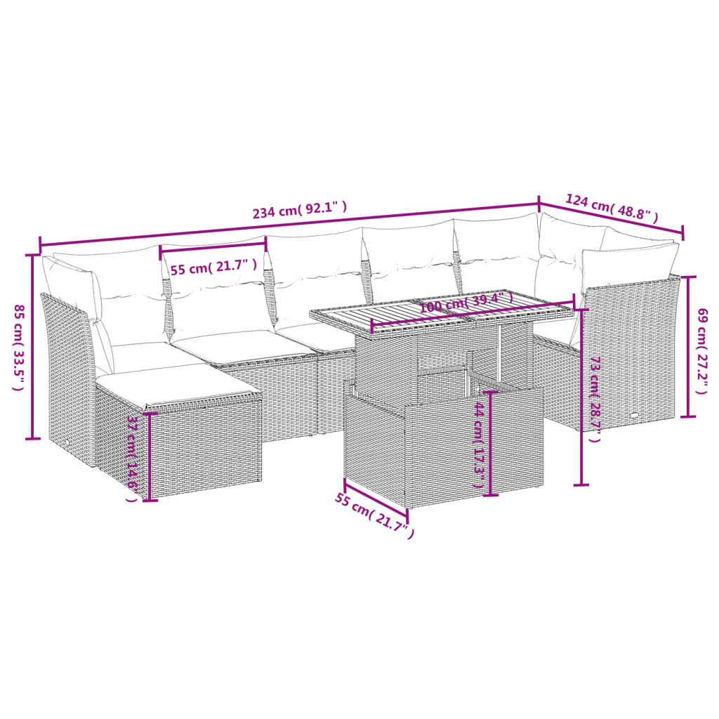 8-tlg. Garten-Sofagarnitur mit Kissen Grau Poly Rattan