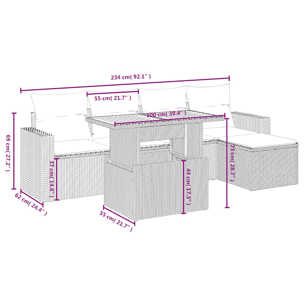 6-tlg. Garten-Sofagarnitur mit Kissen Schwarz Poly Rattan
