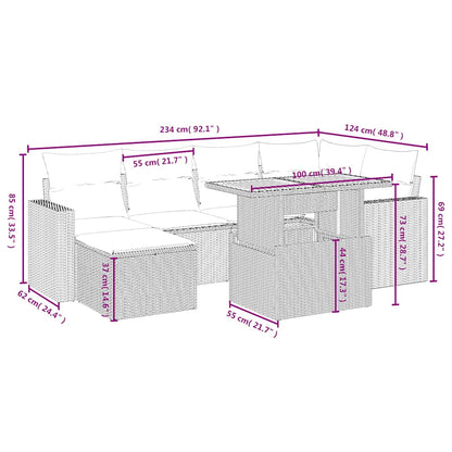 7-tlg. Garten-Sofagarnitur mit Kissen Schwarz Poly Rattan