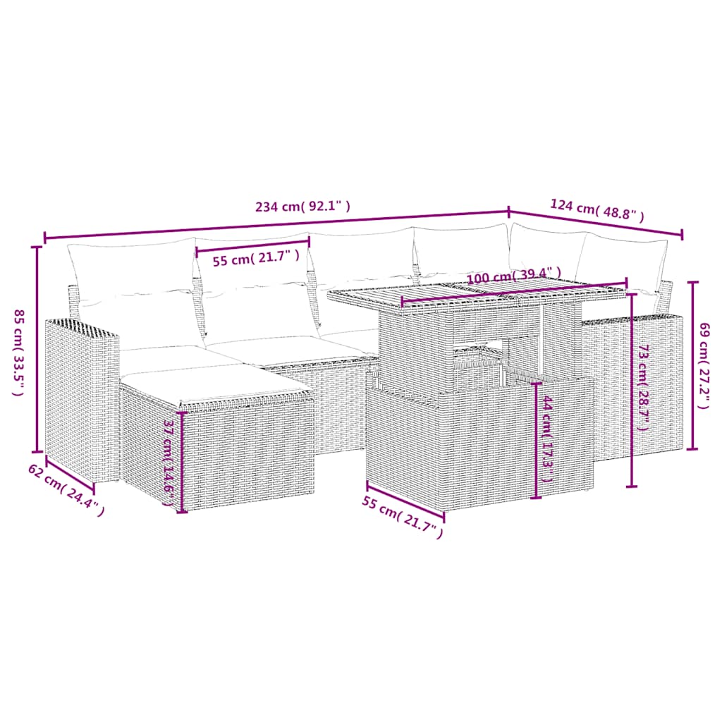 7-tlg. Garten-Sofagarnitur mit Kissen Schwarz Poly Rattan
