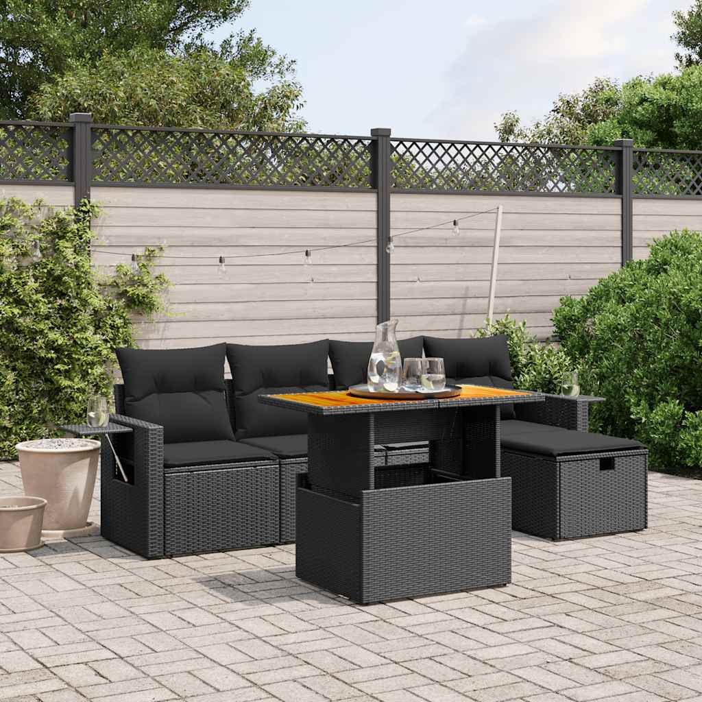 6-tlg. Garten-Sofagarnitur mit Kissen Schwarz Poly Rattan