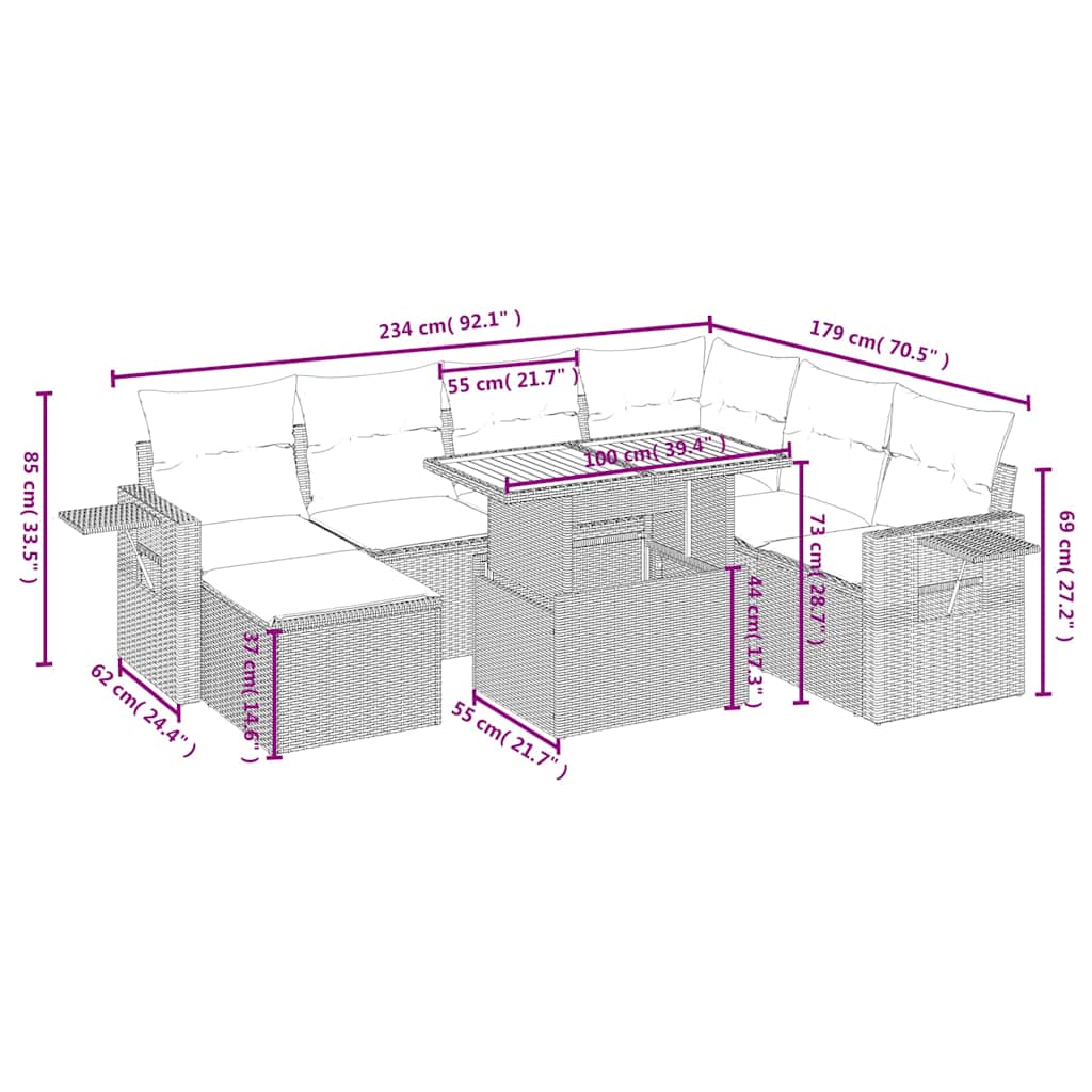 8-tlg. Garten-Sofagarnitur mit Kissen Schwarz Poly Rattan