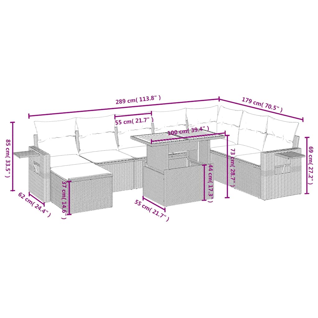 9-tlg. Garten-Sofagarnitur mit Kissen Schwarz Poly Rattan
