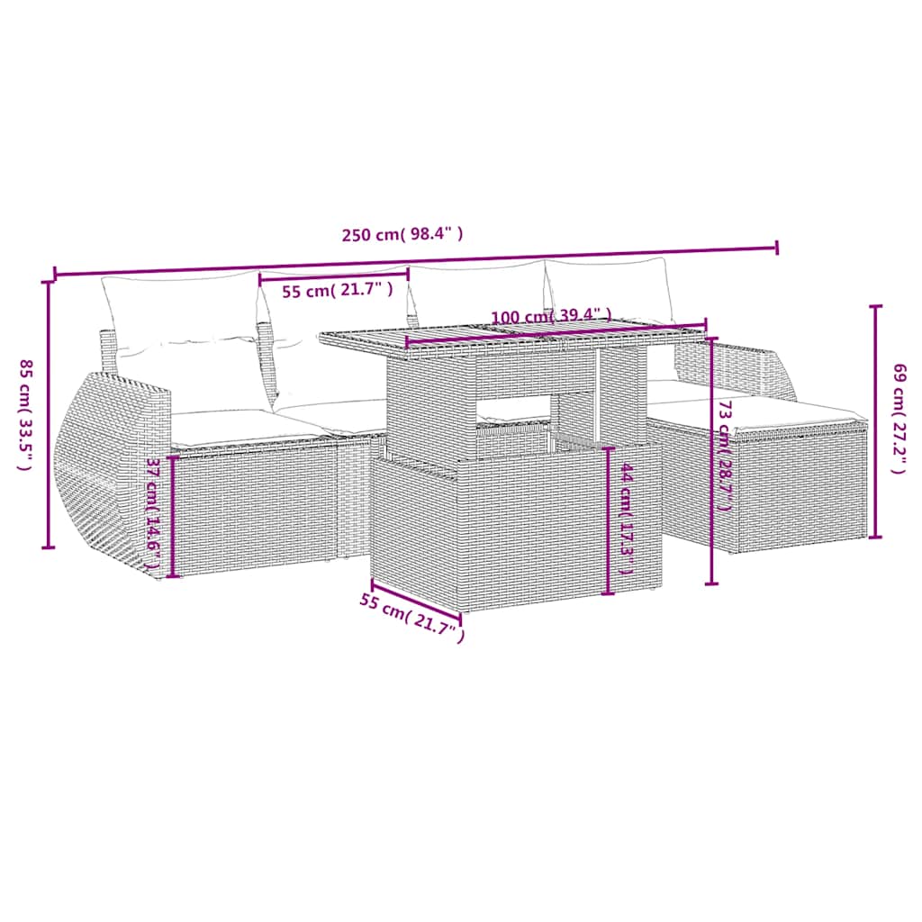 6-tlg. Garten-Sofagarnitur mit Kissen Schwarz Poly Rattan