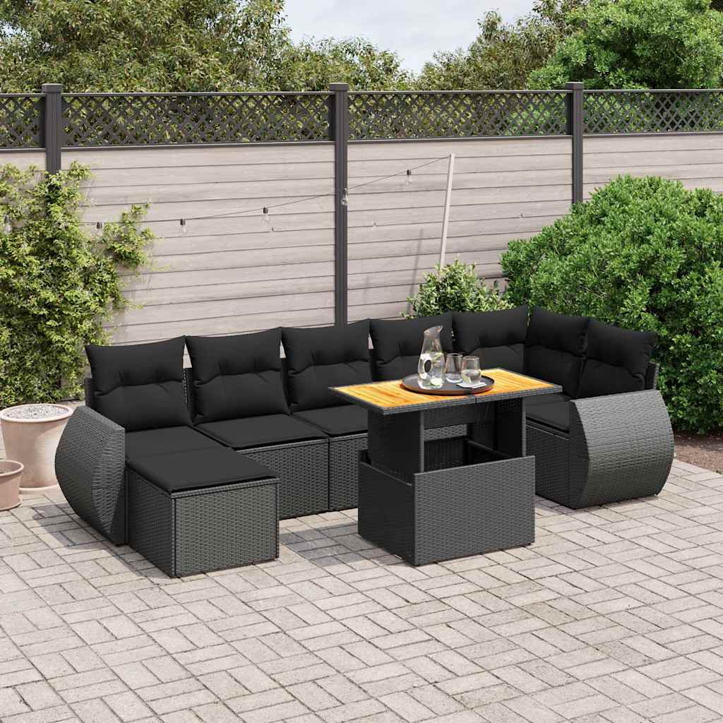 8-tlg. Garten-Sofagarnitur mit Kissen Schwarz Poly Rattan
