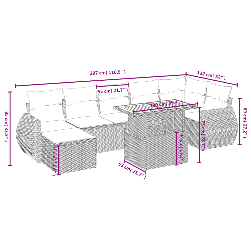 8-tlg. Garten-Sofagarnitur mit Kissen Grau Poly Rattan